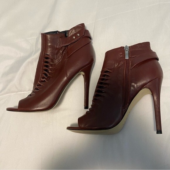 Trouve Peep Toe Leather Boot Chocolate Brown Stiletto Heel Cut Out Design Size 7 - Picture 5 of 15